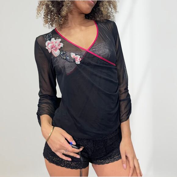 Vintage 00s sheer black mesh wrap blouse with sequin and embroideries (M) - Picture 1 of 9